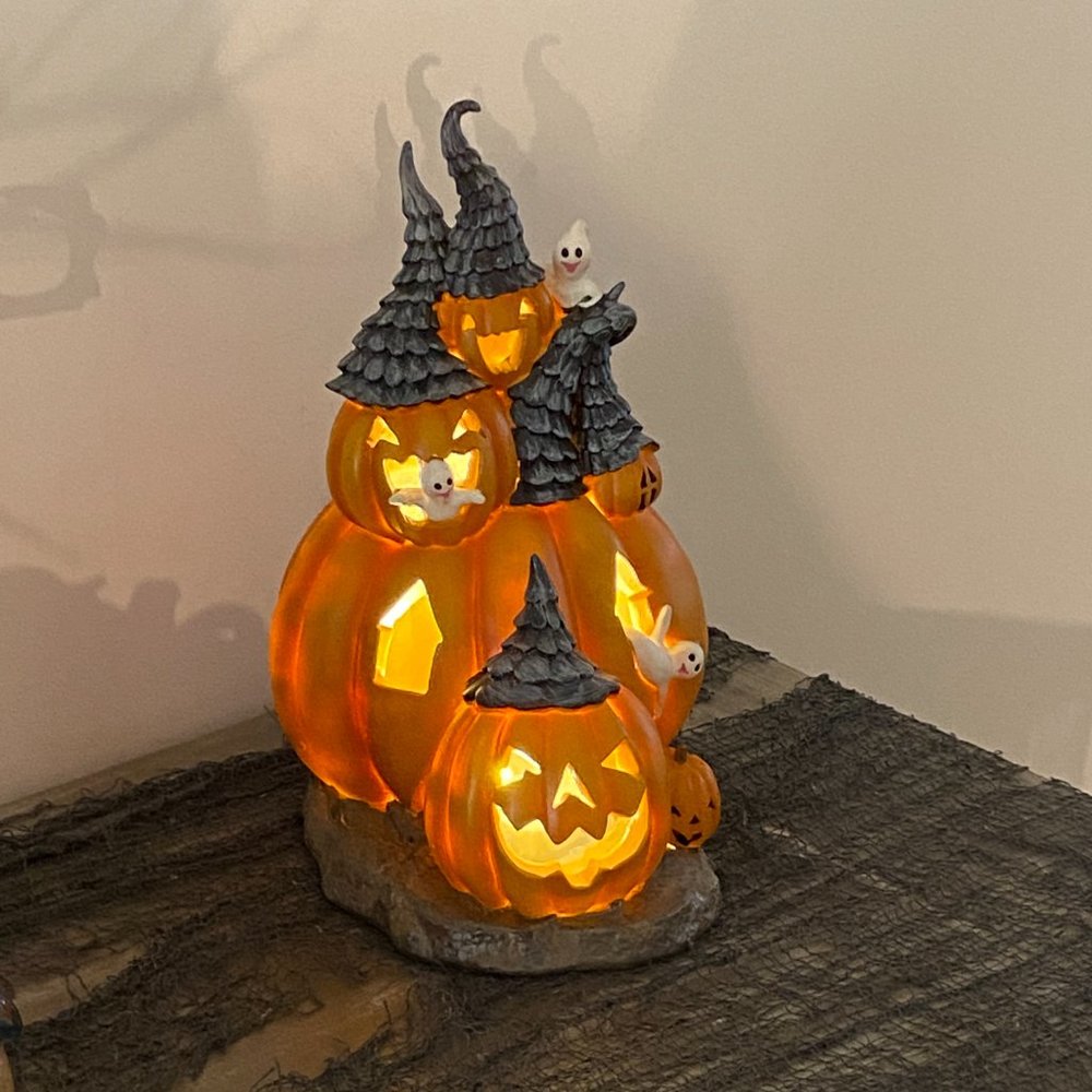 Halloween LED Lighted Pumpkin House Hangry Jack O Lantern Witch Hat Figure Ghost